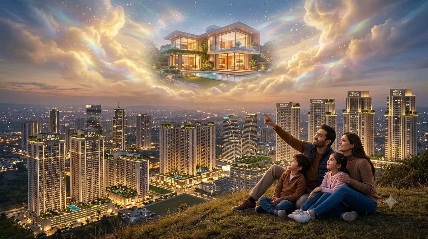 A family looking across an illuminated city toward their dream home in the clouds