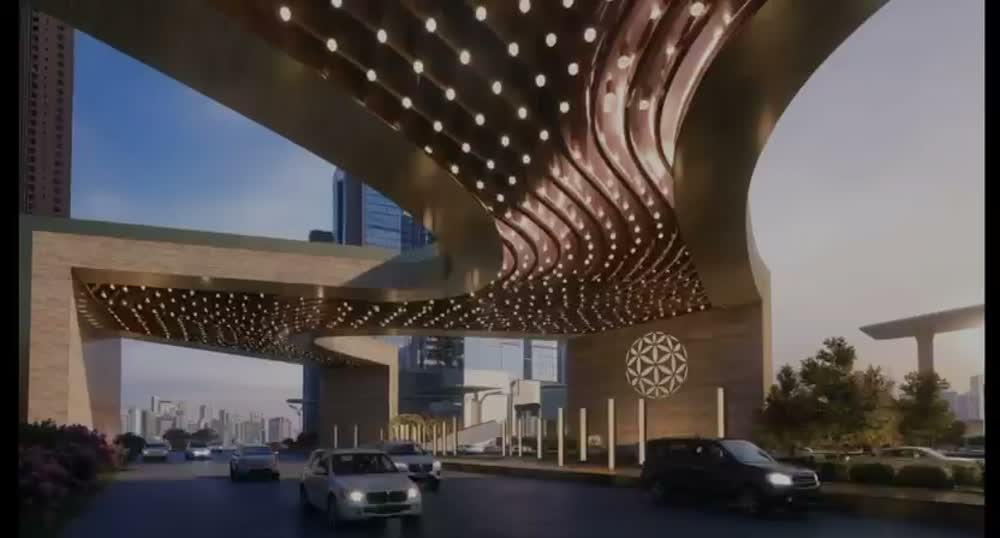 An architectural entrance with sculptural canopy
