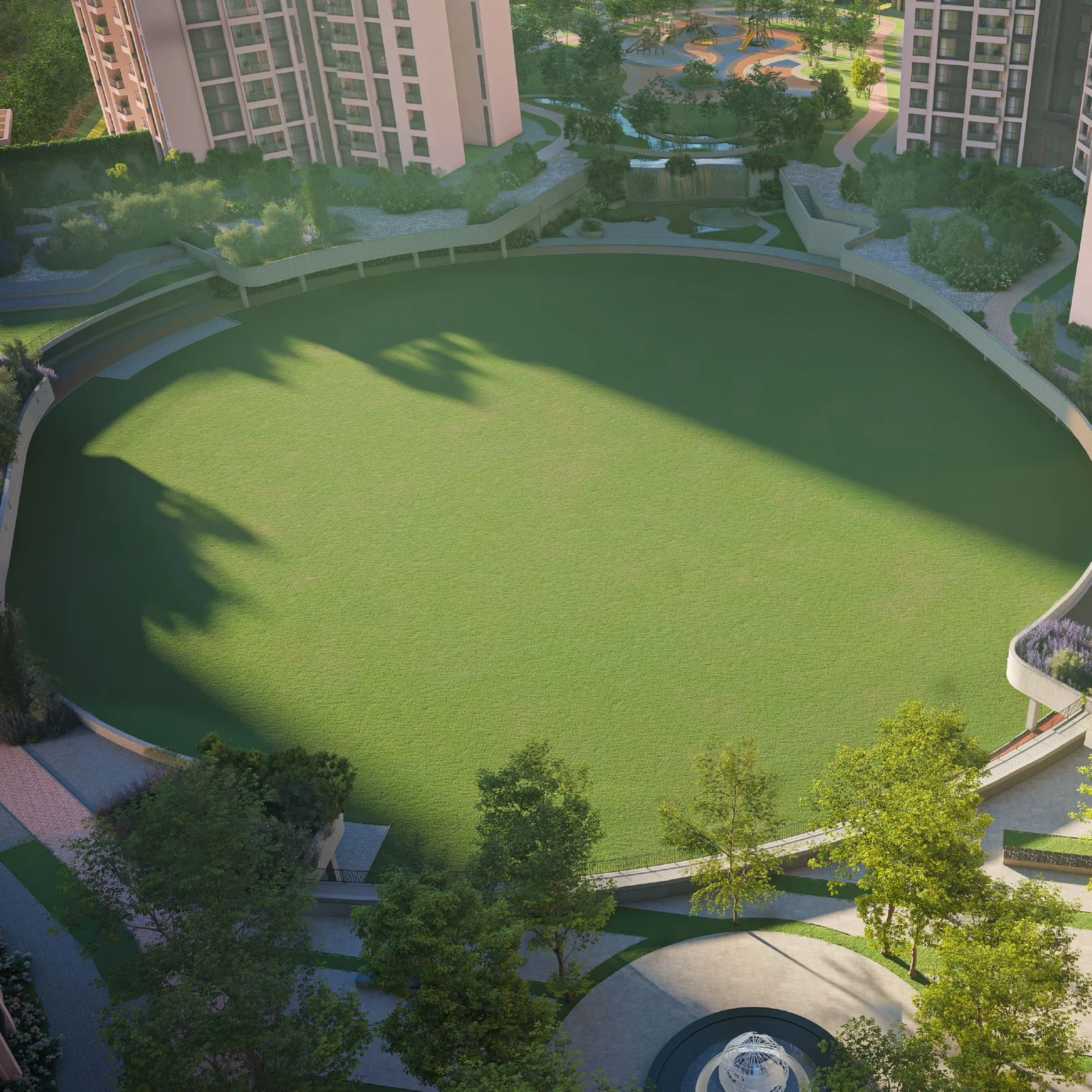 A landscaped green amphitheatre surrounded by residential towers